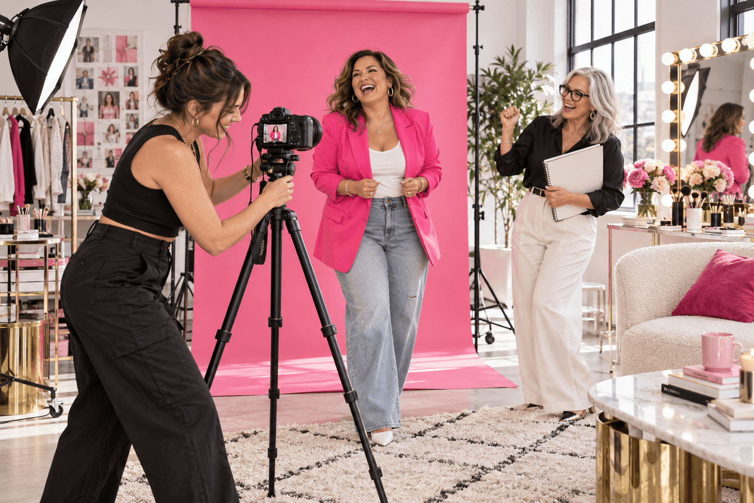 Illustrative AI-generated scene of women filming content in a colorful studio