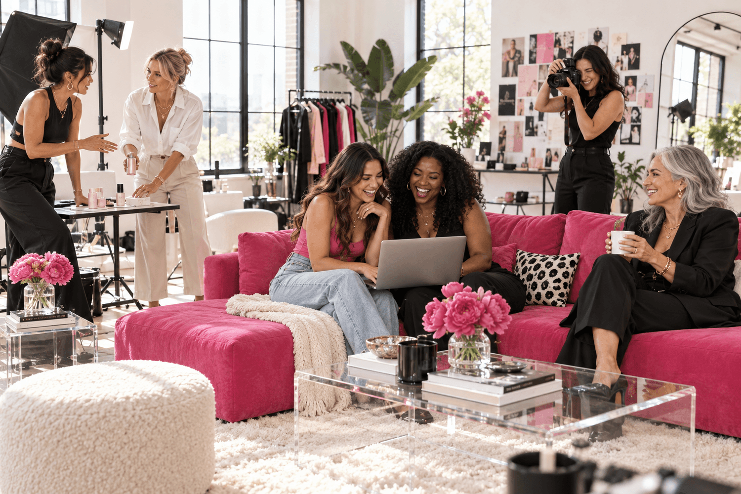 Illustrative AI-generated scene of diverse women sharing ideas around a table in a pink creator studio